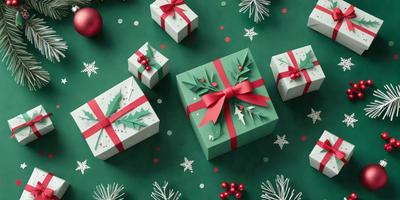 The primary subject of the image is a green box with a red bow, which is placed on a green background. The visual style of the image is digital art, and the colors and mood are predominantly green and red, creating a festive and holiday atmosphere.